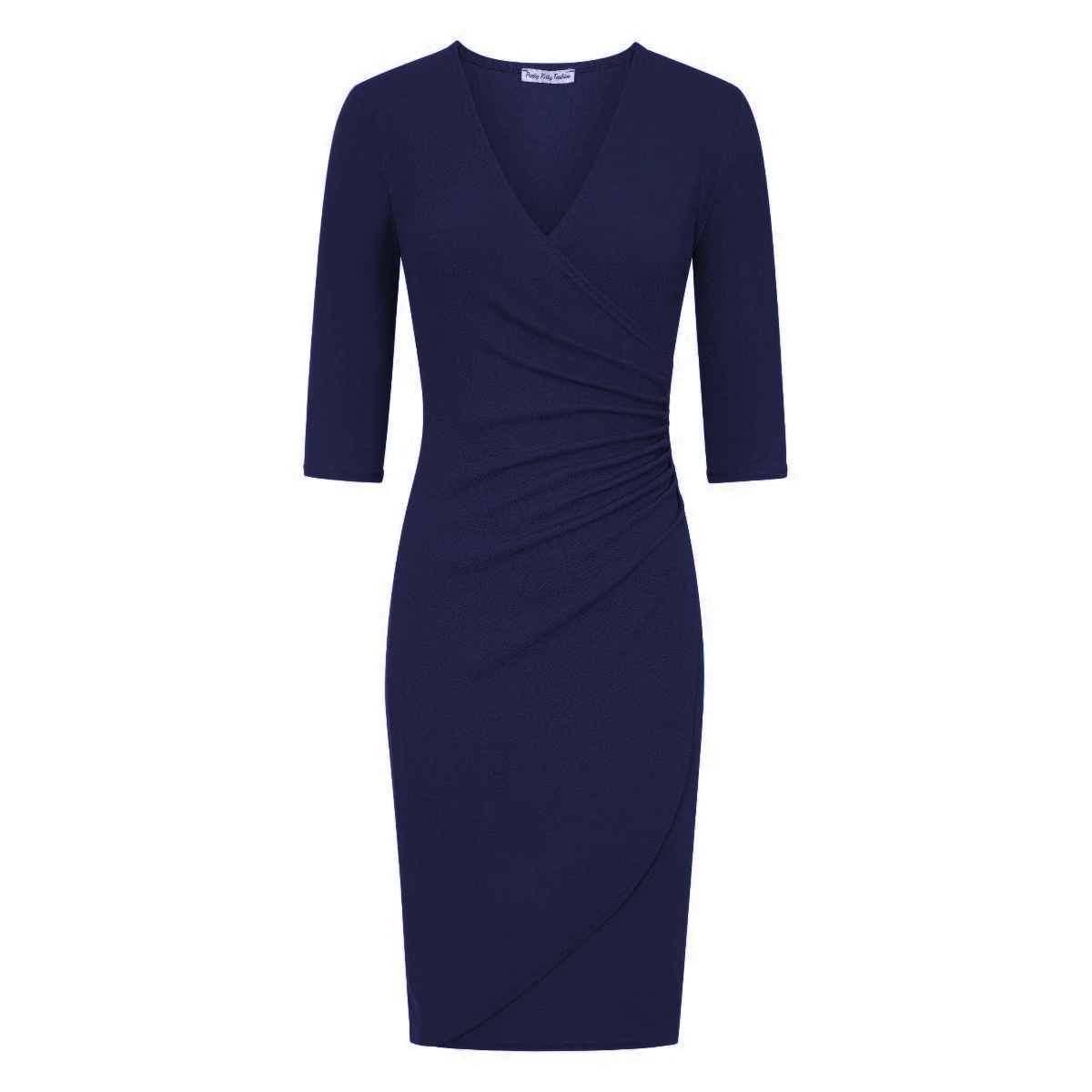Navy 3/4 Sleeve Deep V Neck Ruched Detail Wrap Effect Pencil Dress