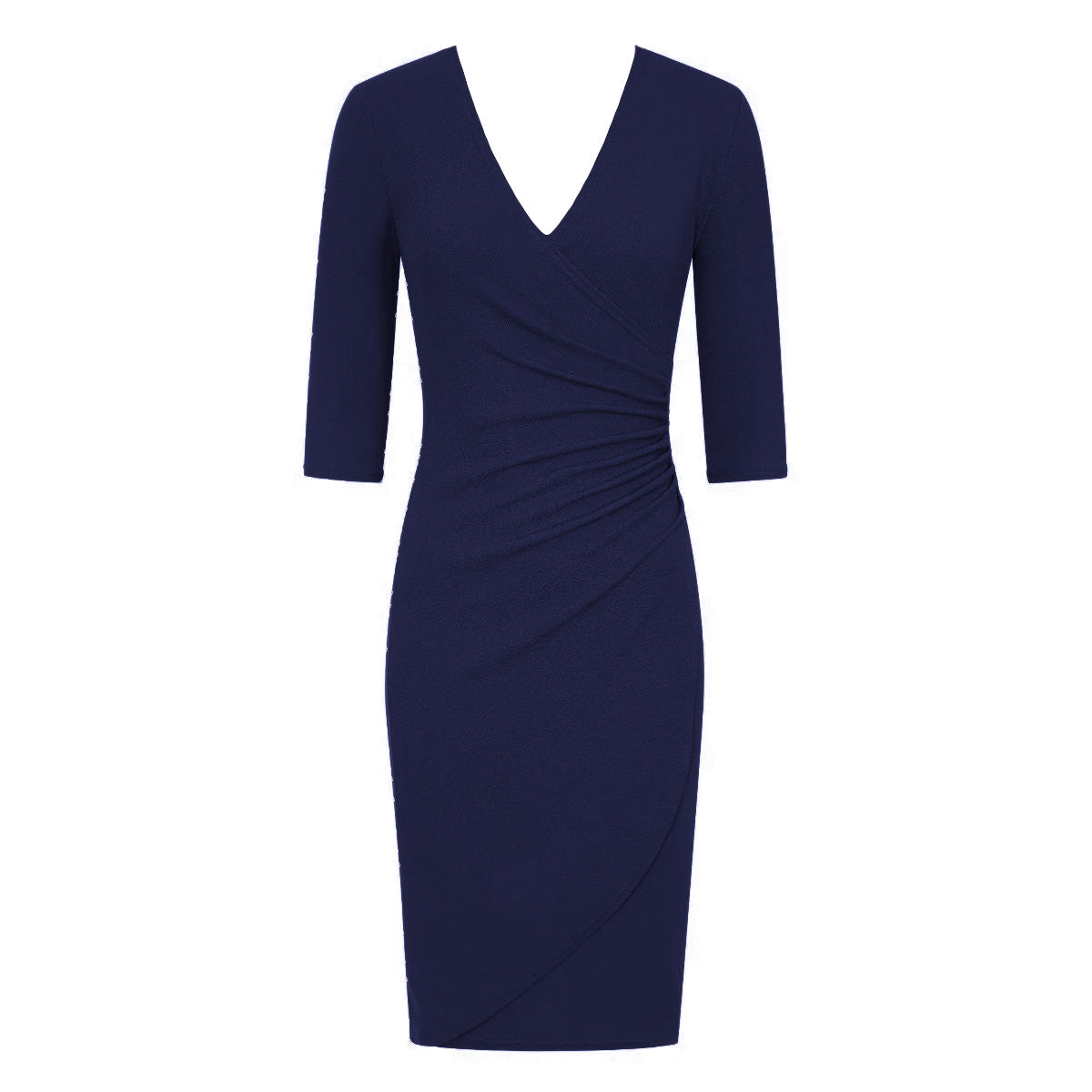 Navy 3/4 Sleeve Deep V Neck Ruched Detail Wrap Effect Pencil Dress