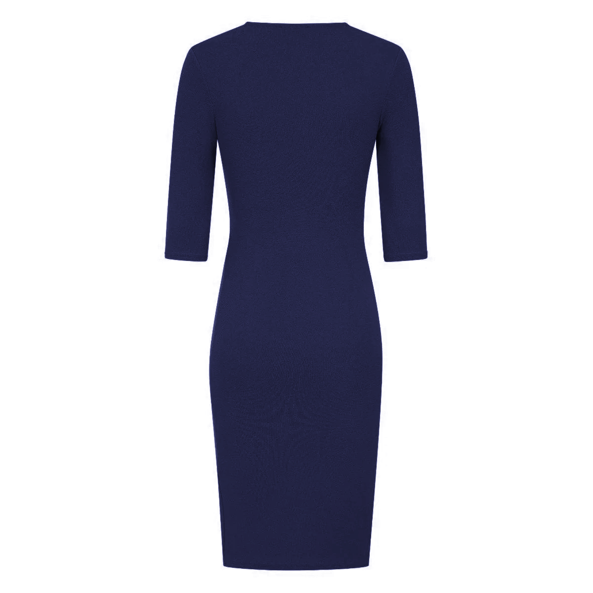 Navy 3/4 Sleeve Deep V Neck Ruched Detail Wrap Effect Pencil Dress