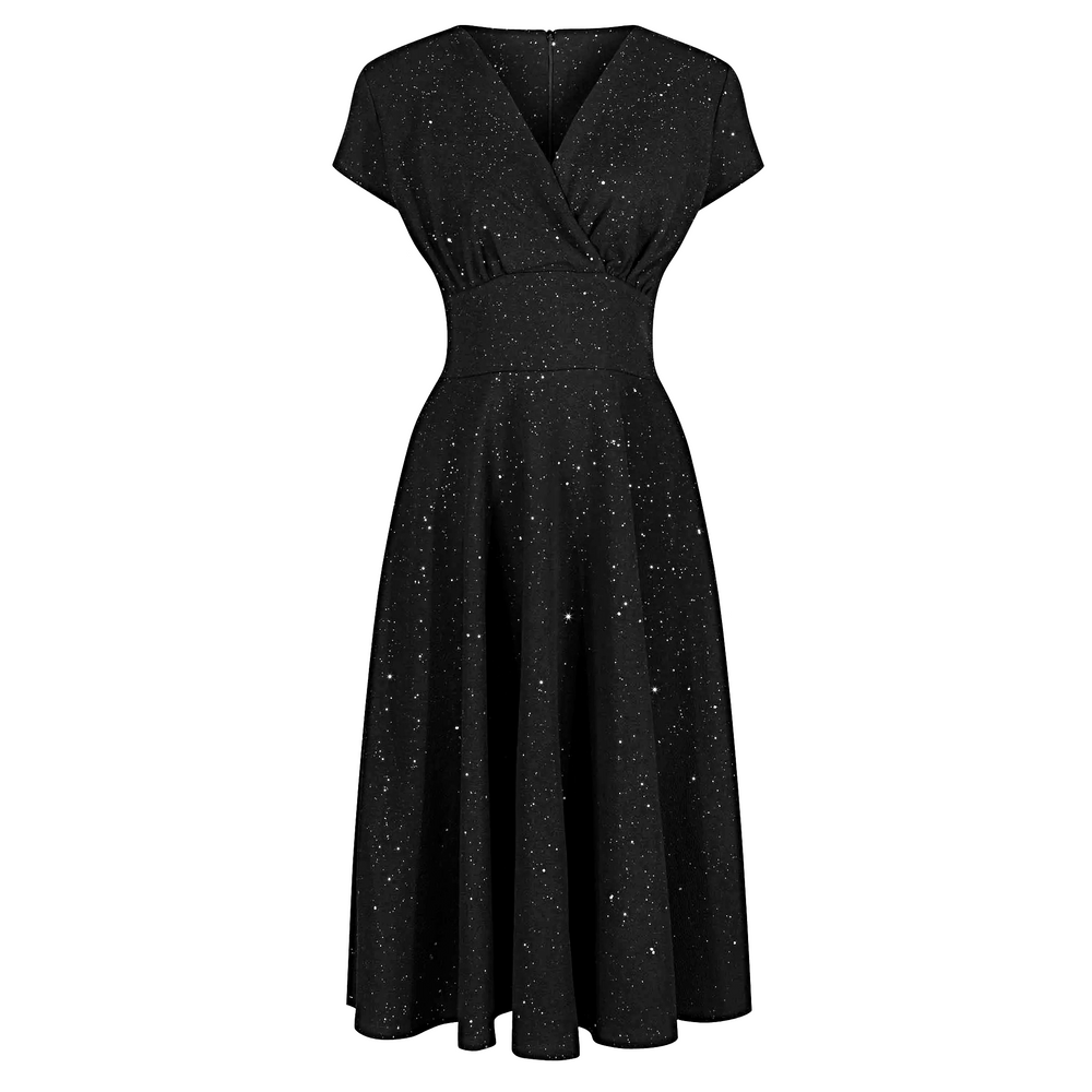 Black Sparkly Glitter A Line Crossover Top Capped Sleeve Party Dress