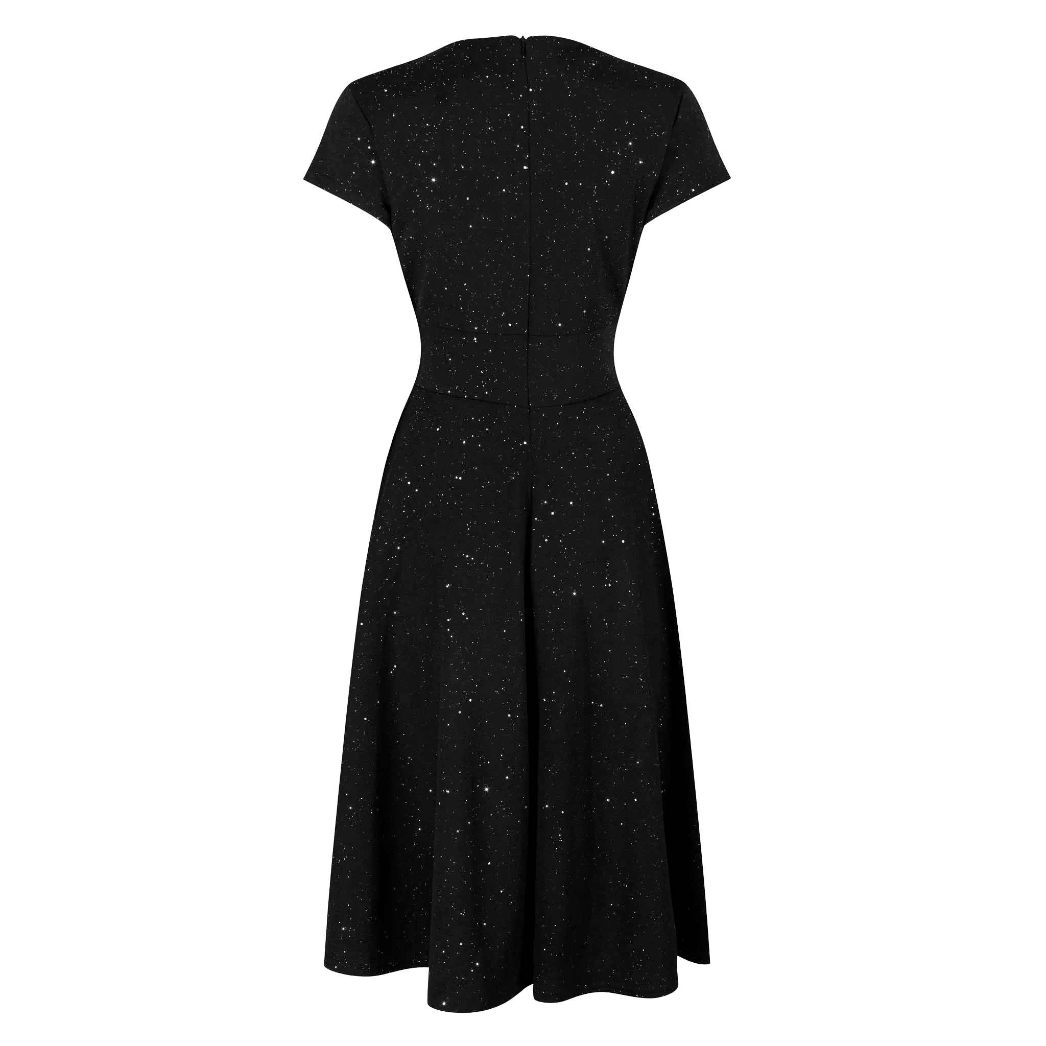 Black Sparkly Glitter A Line Crossover Top Capped Sleeve Party Dress