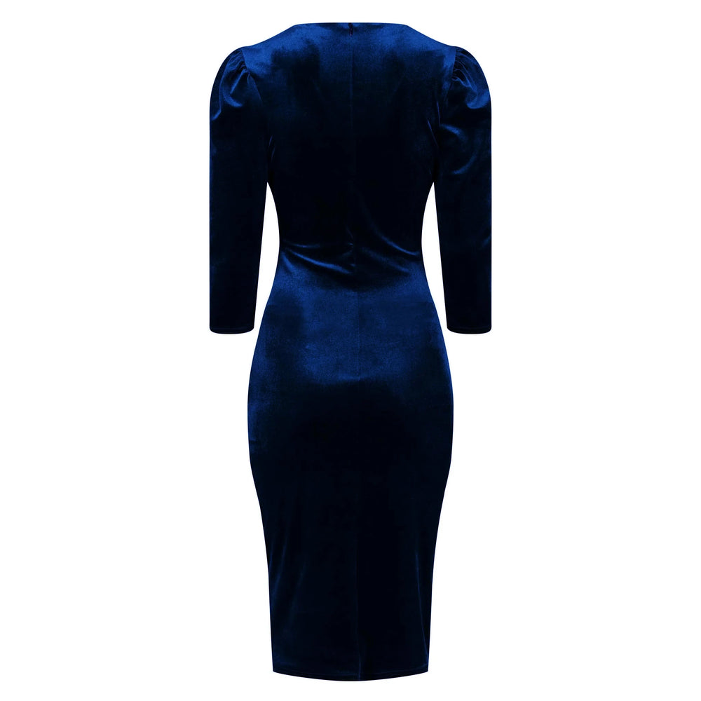 Navy Blue Velour Wrapover 3/4 Sleeve Midi Dress