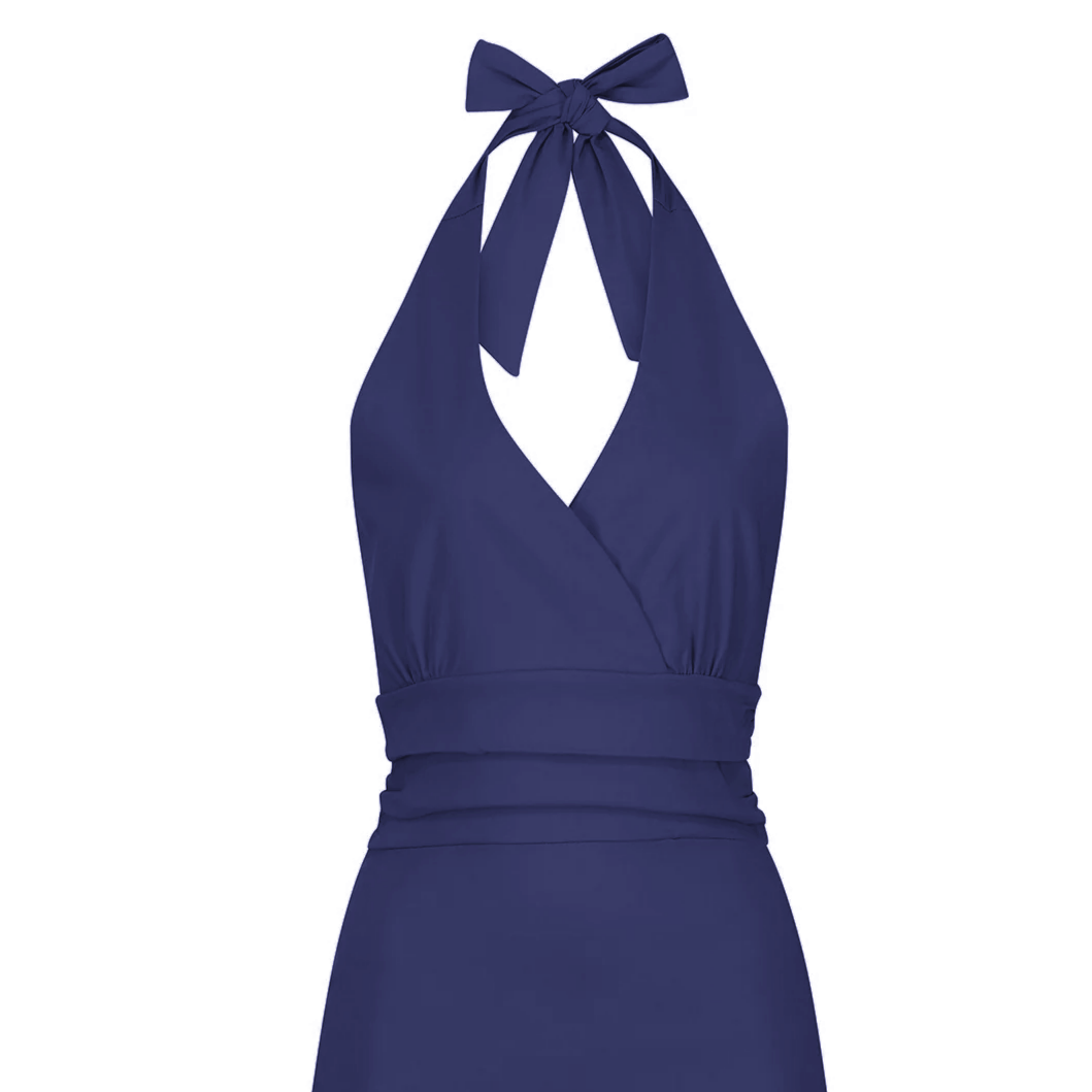 Navy Blue Wrap Top Halterneck Wiggle Pencil Dress