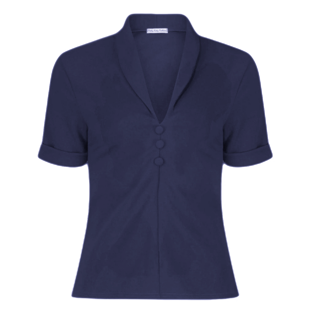 Navy Button-down Short Sleeve Blouse with V-neck Collar