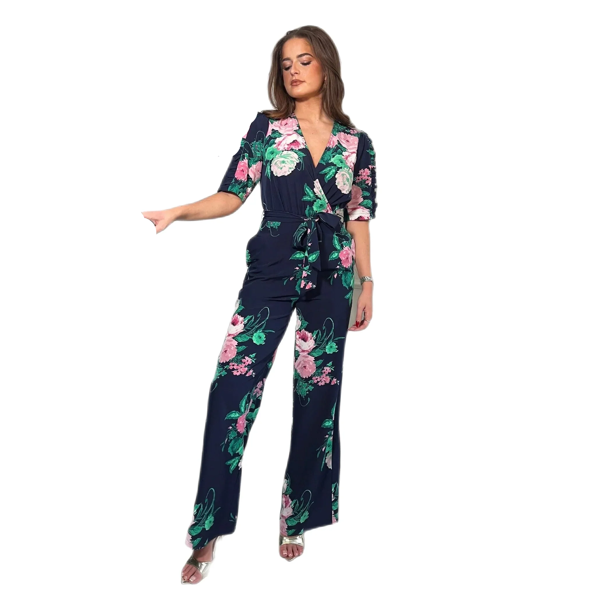 Navy Floral Wrap-over top Wide Leg Jumpsuit with Pockets