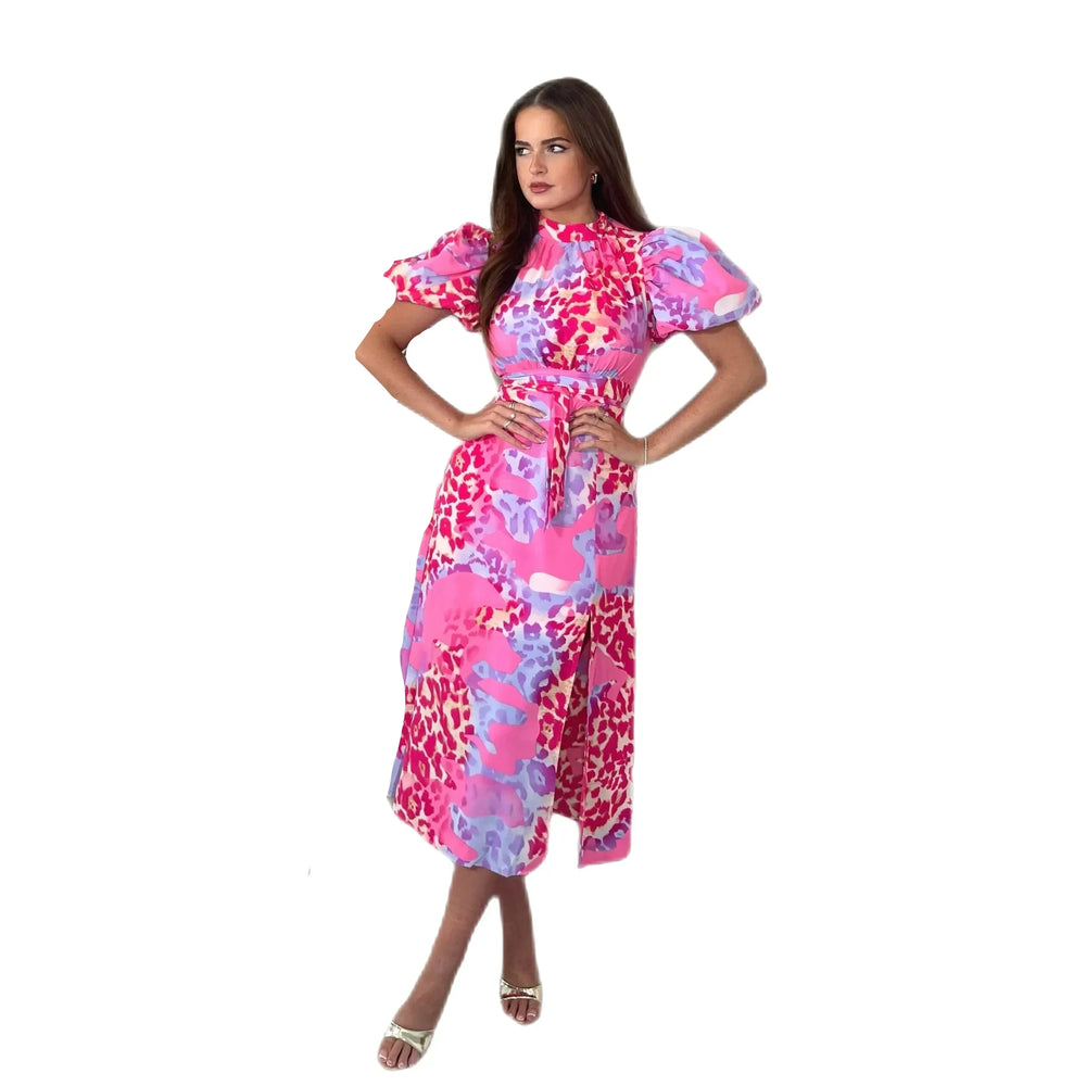 Pink & Blue Animal Print Puff Sleeve High Neck Midi Dress