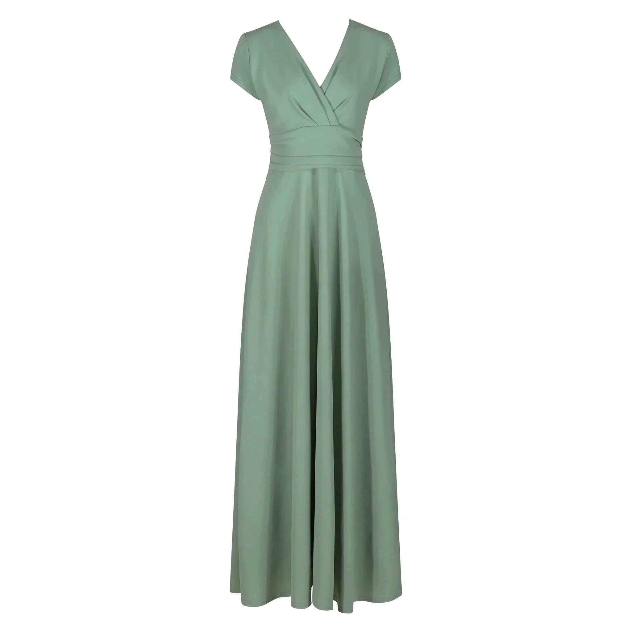 Sage Green V-Neck Satin Evening Dress with Lace-Up Back & A-Line Skirt