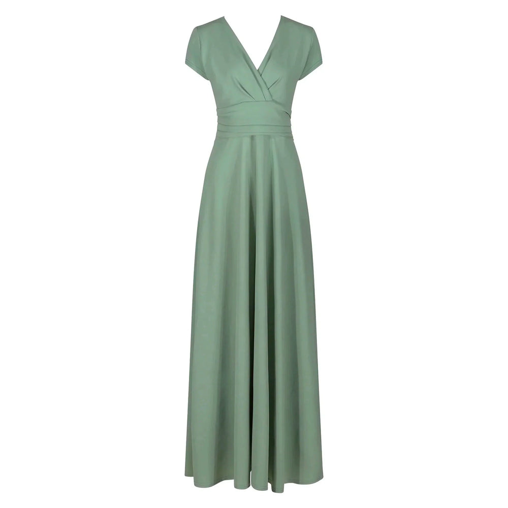 Sage Green V Neck Cap Sleeve Maxi Dress