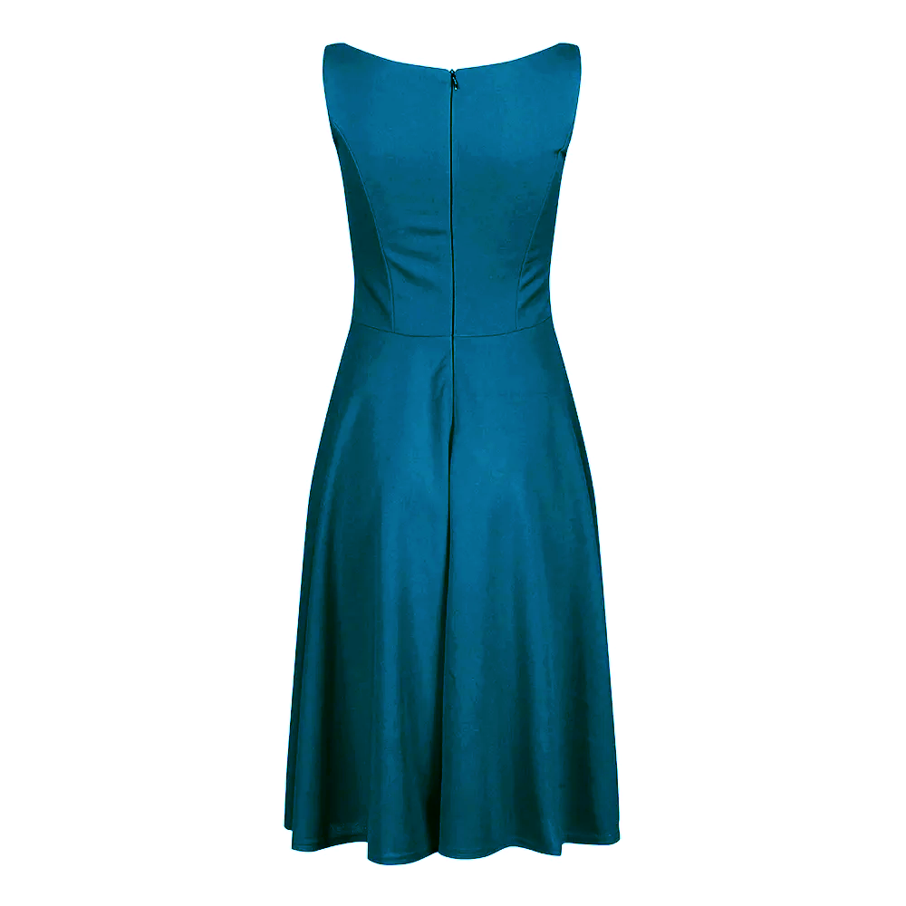 Teal Audrey Hepburn Style Sleeveless 50s Swing Dress With High Boat Neckline