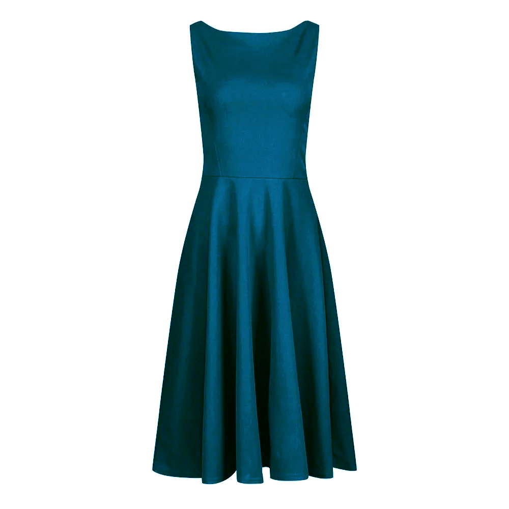 Teal Audrey Hepburn Style Sleeveless 50s Swing Dress With High Boat Neckline