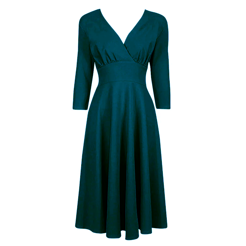 Teal Blue Vintage A Line Crossover 3/4 Sleeve Tea Swing Dress