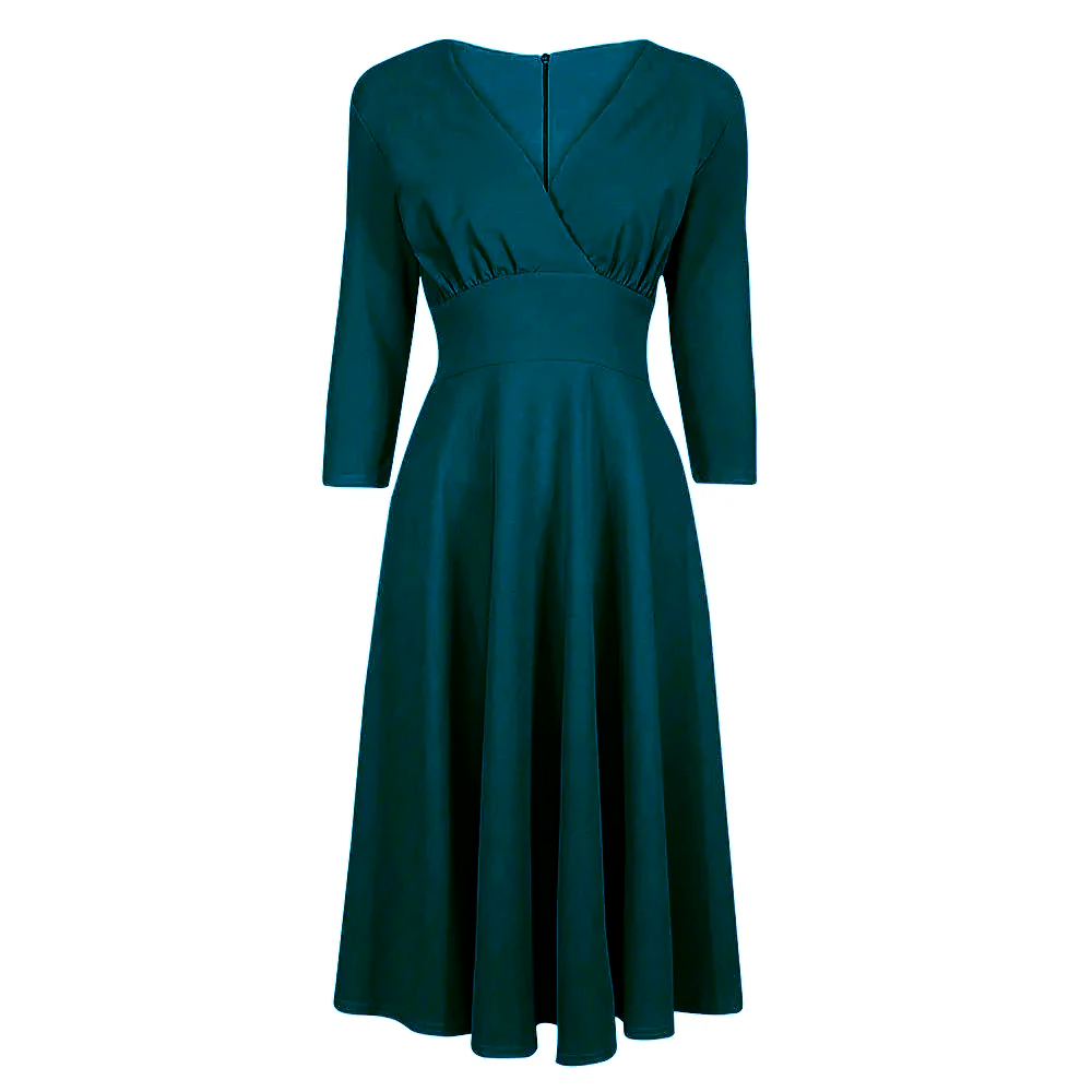 Teal Blue Vintage A Line Crossover 3/4 Sleeve Tea Swing Dress
