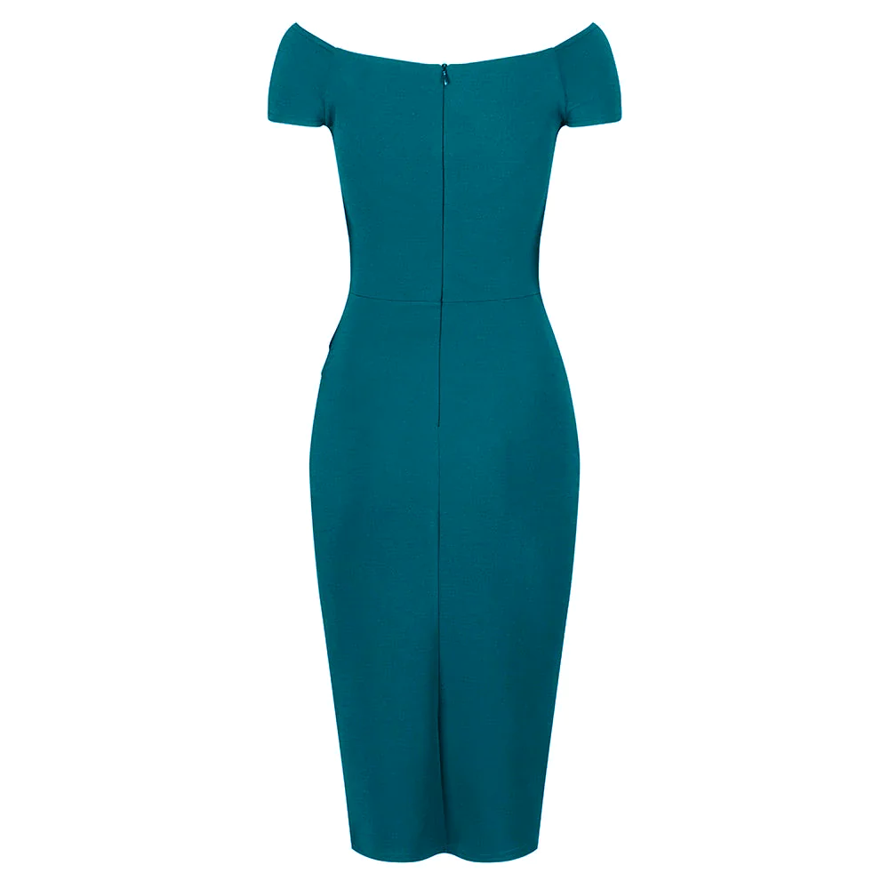 Emerald Green Cap Sleeve Crossover Top Bardot Wiggle Dress - Pretty Kitty Fashion