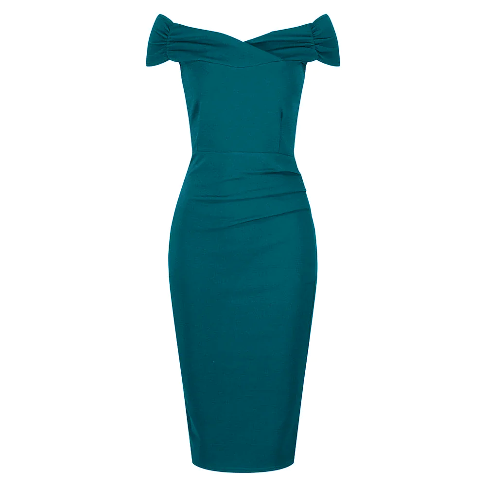 Emerald Green Cap Sleeve Crossover Top Bardot Wiggle Dress - Pretty Kitty Fashion