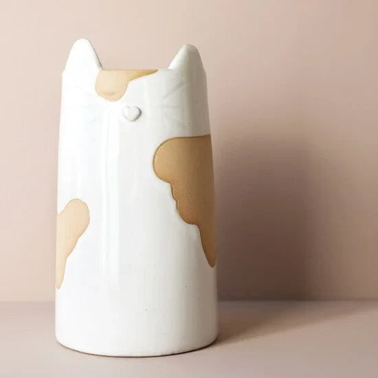 Brown and White Cat Sculptural Vase