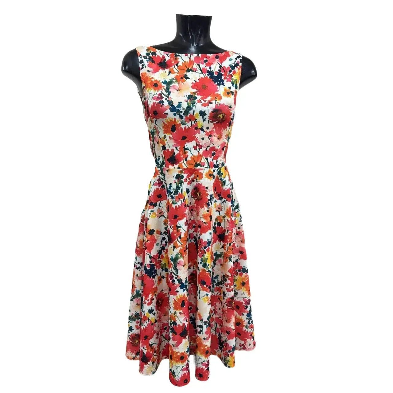 White Orange Poppy Print Audrey Style 1950s Swing Dress