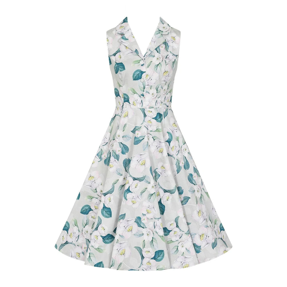Pale Mint Green & White Floral Collared Sleeveless 50s Swing Tea Dress