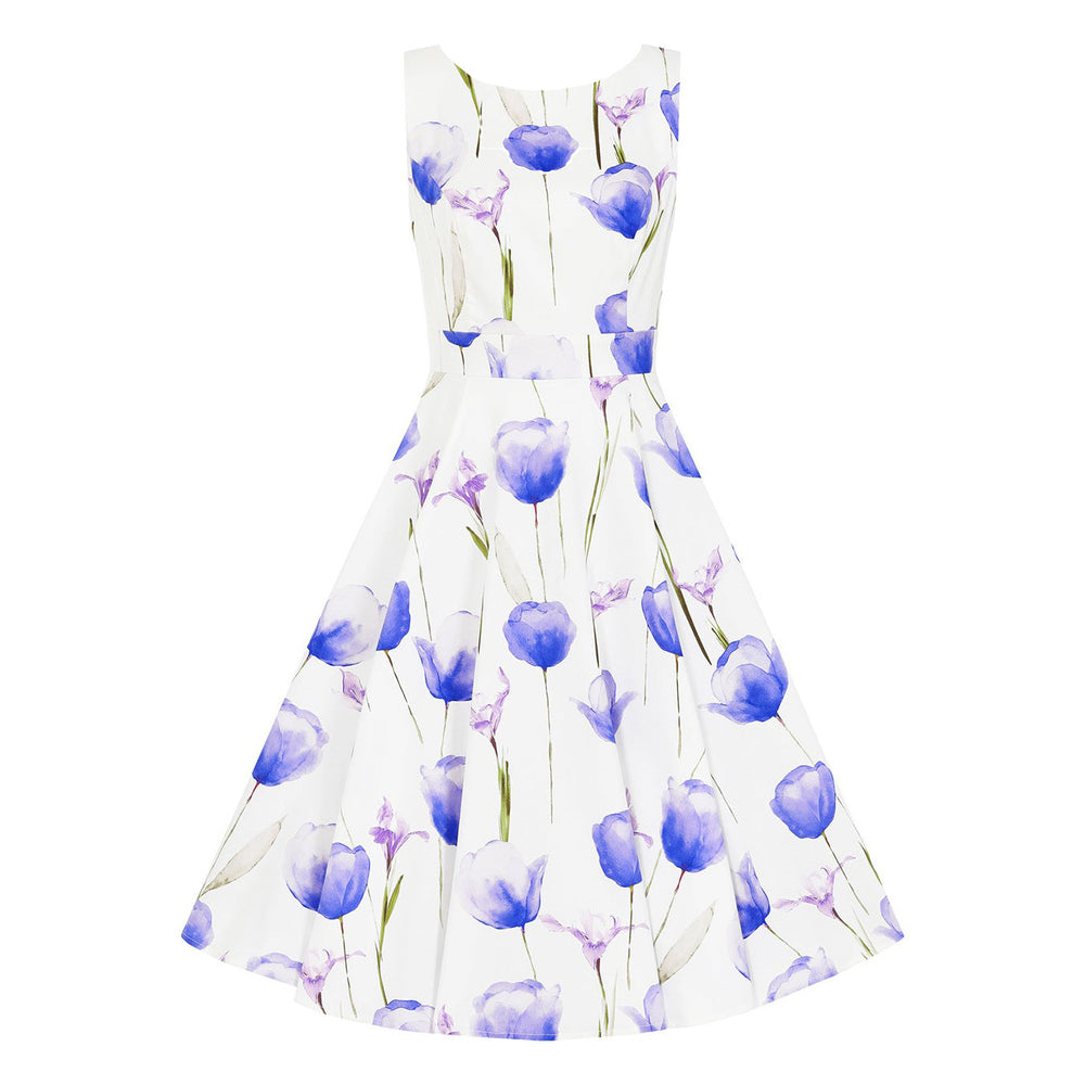 White & Purple Tulips Floral Print 50s Swing Dress