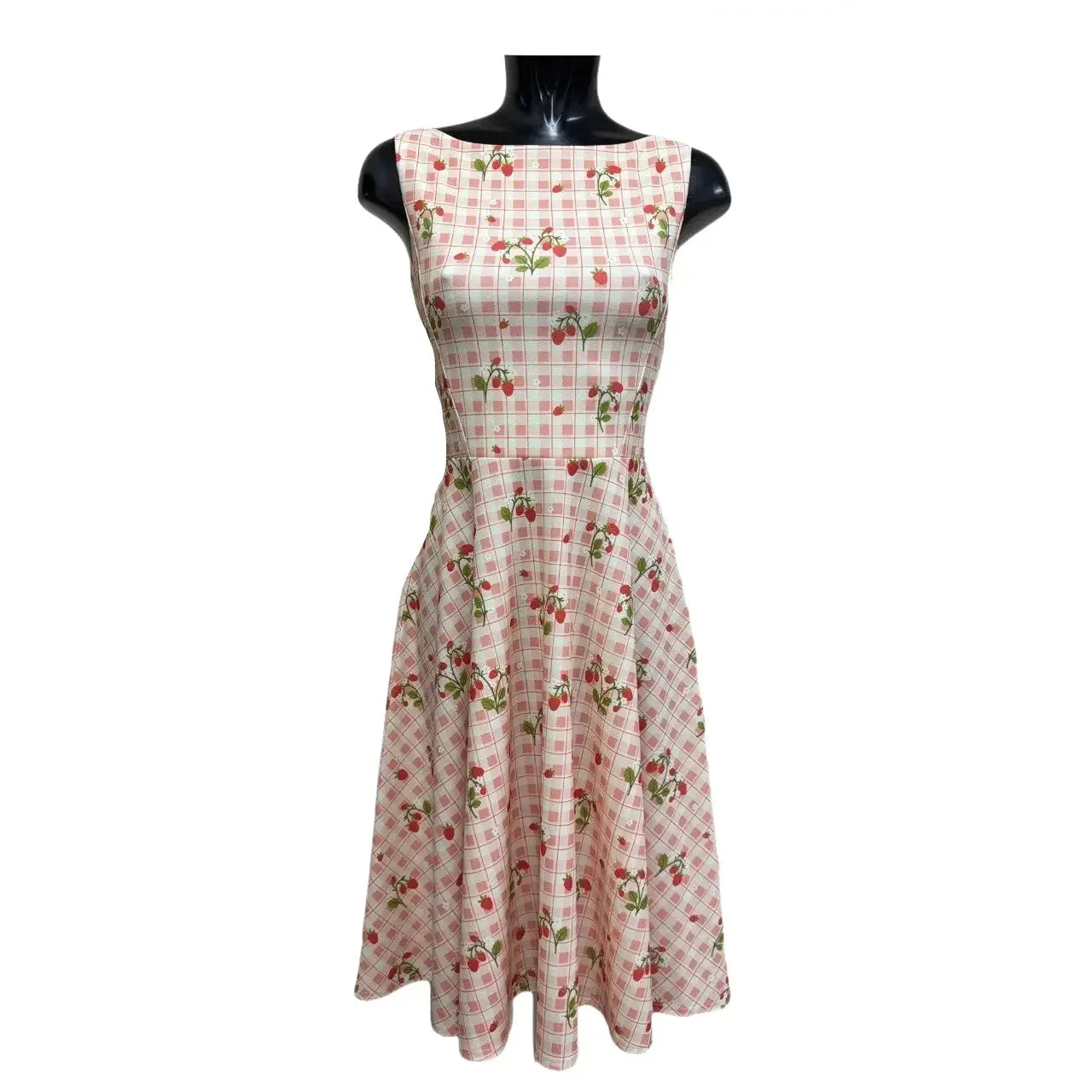 White And Pink Gingham Fruit Strawberry Print Audrey Style 1950s Swing Dress