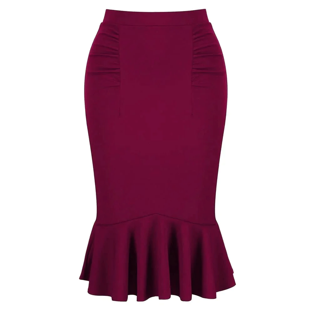 Red Peplum Fishtail Stretch Pencil Bodycon Skirt - Pretty Kitty Fashion