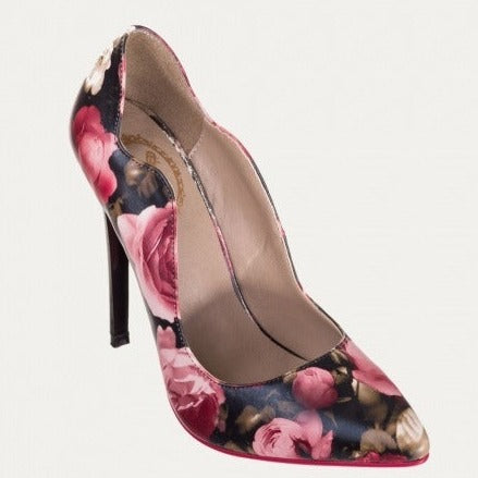 Black Rose Print Stiletto Heel Shoes