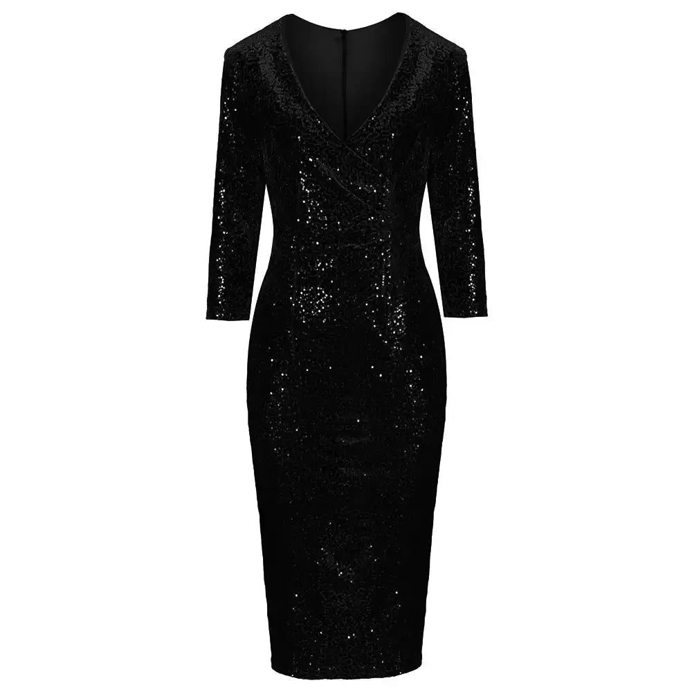 Dark Green 3/4 Sleeve V Neck Velour Sequin Pencil Wiggle Dress - Pretty Kitty Fashion