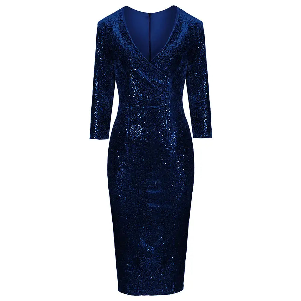 Dark Green 3/4 Sleeve V Neck Velour Sequin Pencil Wiggle Dress - Pretty Kitty Fashion