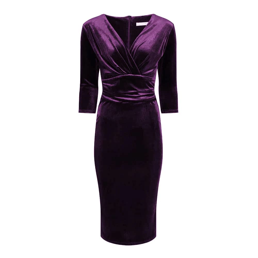 True Heart Mauve Purple Velvet Ruched Long Sleeve Bodycon Dress