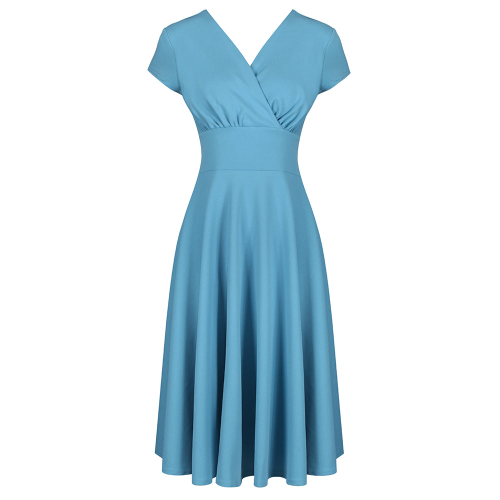 Pretty Blue Vintage A Line Crossover Capped Sleeve Tea Swing Dress - Pretty Kitty Fashion