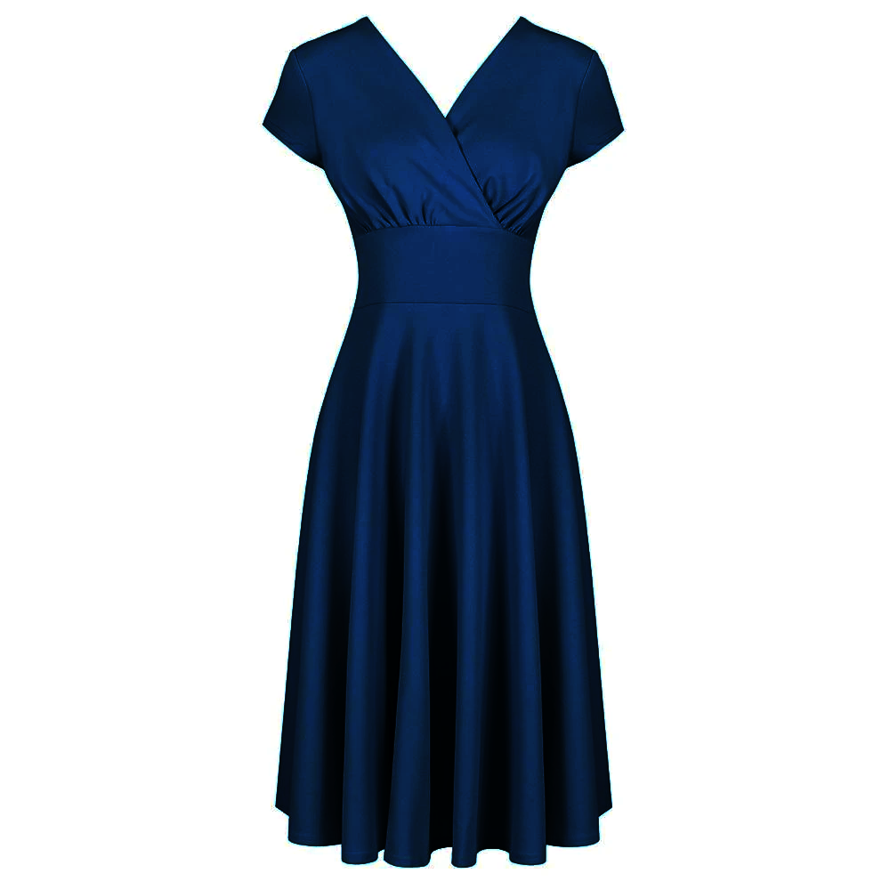 Navy Blue Vintage A Line Crossover Capped Sleeve Tea Swing Dress