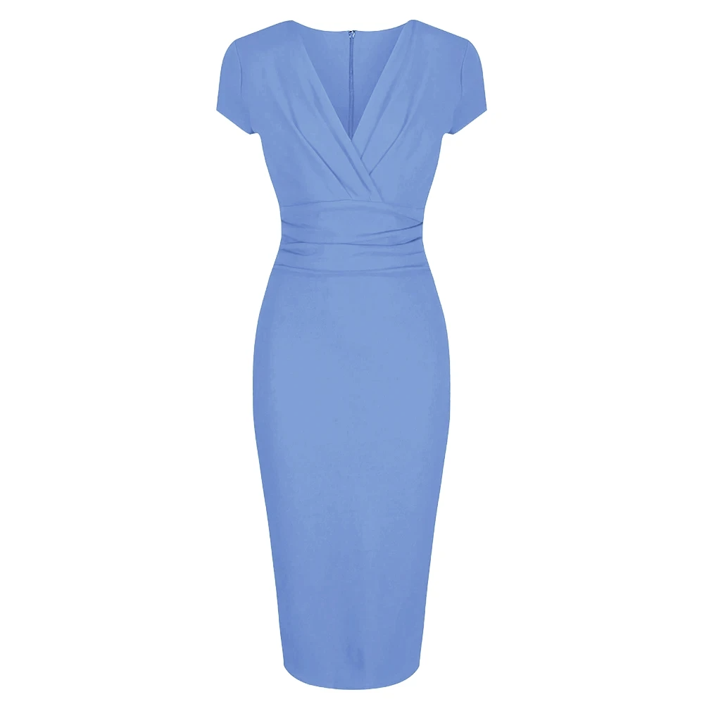 Pretty Blue Deep V Cap Sleeve Bodycon Ruched Waist Wiggle Dress – Pretty Kitty Fashion