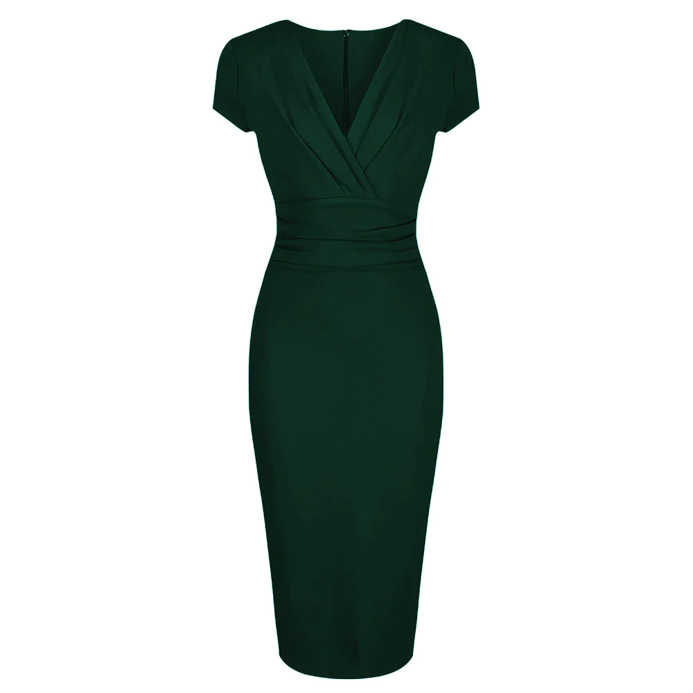 Forest Green Deep V Cap Sleeve Bodycon Ruched Waist Wiggle Dress - Pretty Kitty Fashion