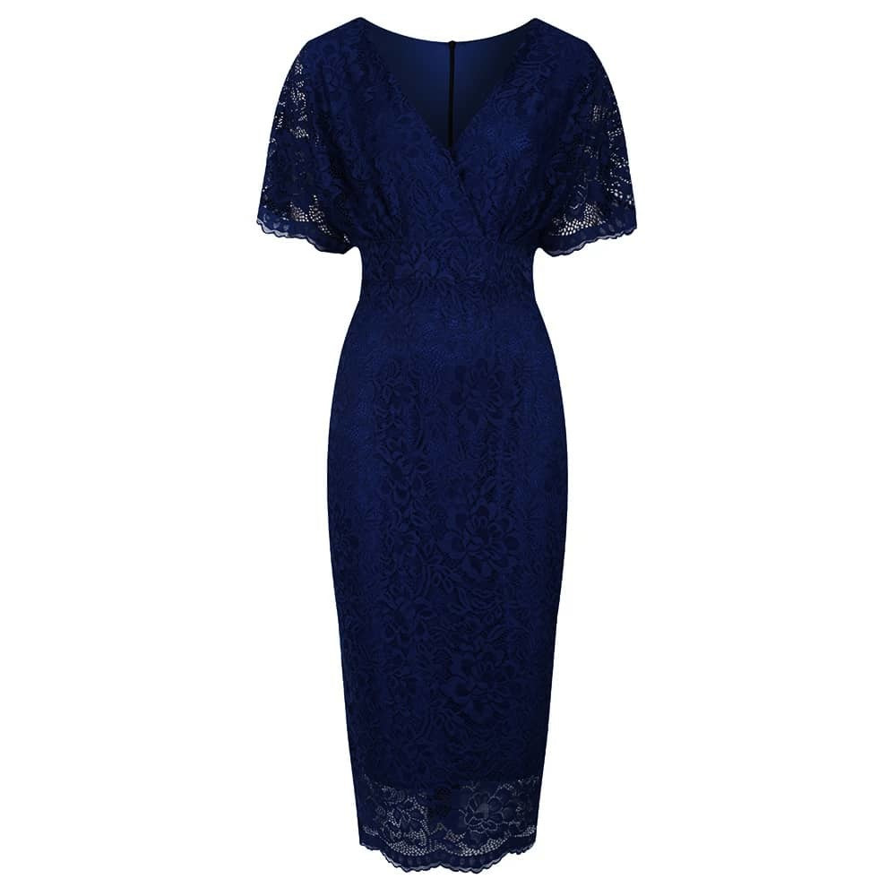 Royal Blue Vintage Lace Detail Bodycon Midi Dress - Pretty Kitty Fashion