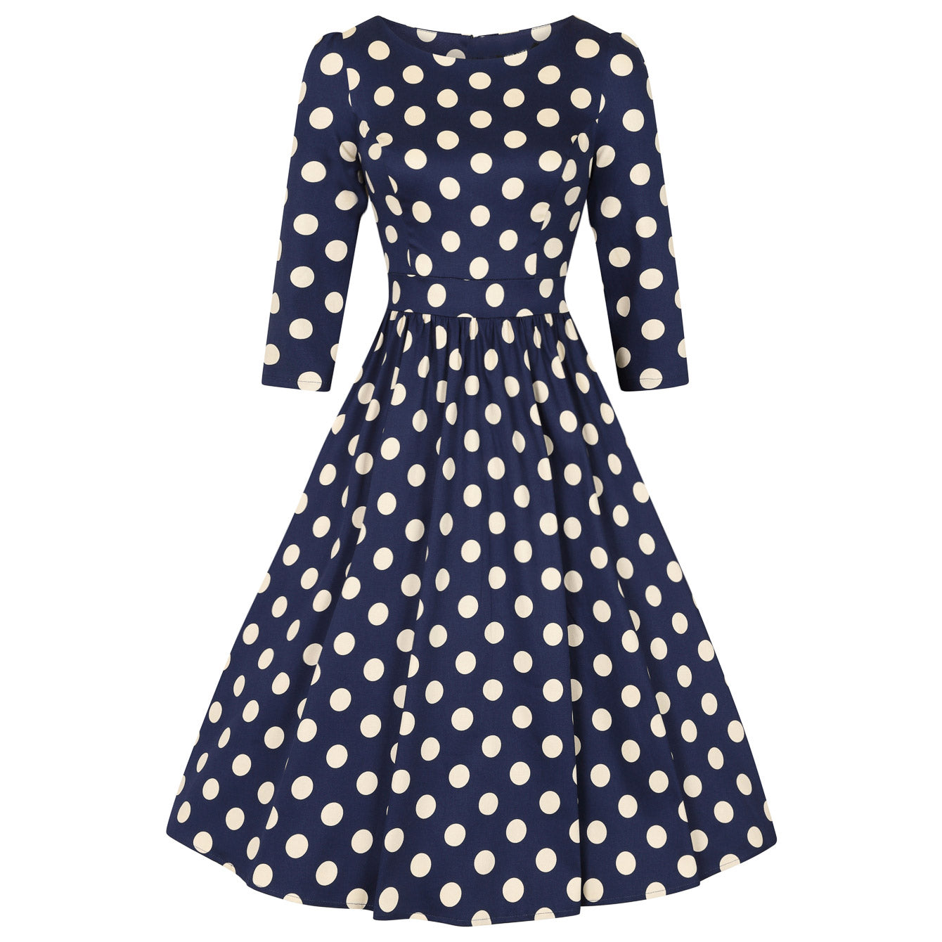Blue And White Cream Polka Dot Vintage 50s 3/4 Sleeve Swing Tea Dress - Pretty Kitty Fashion
