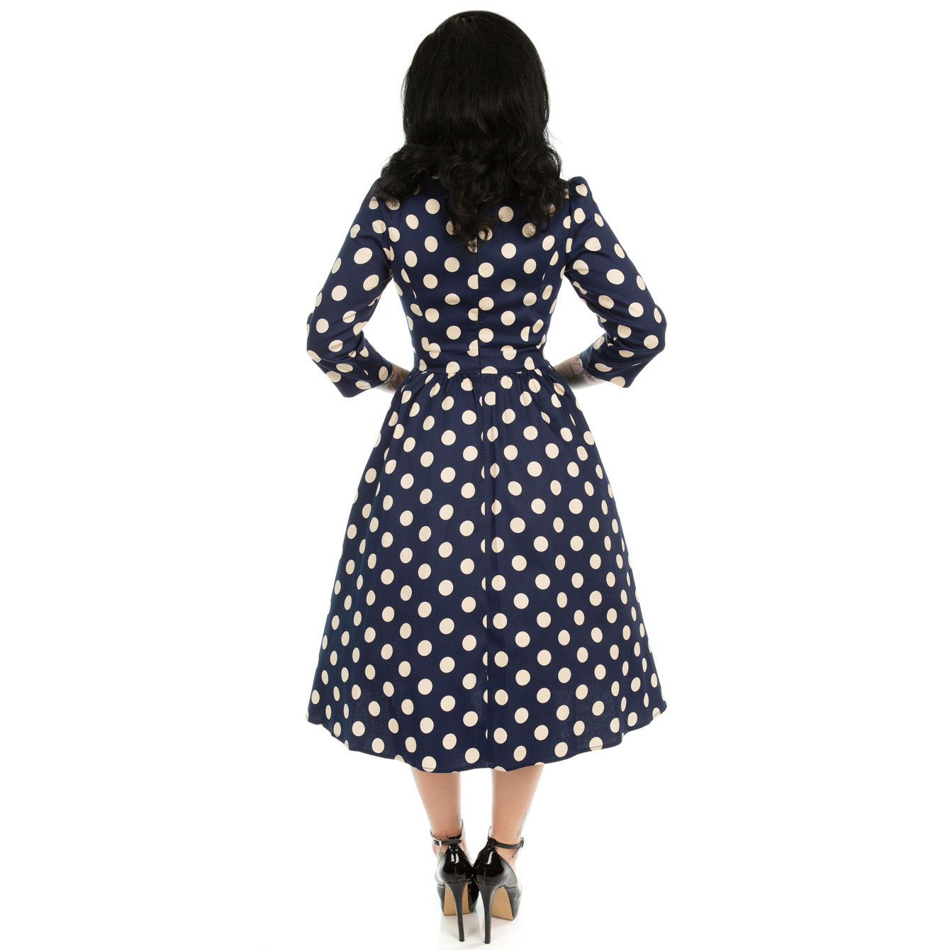 Blue And White Cream Polka Dot Vintage 50s 3/4 Sleeve Swing Tea Dress - Pretty Kitty Fashion