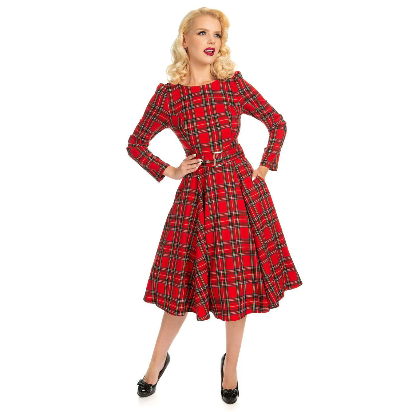 Red Tartan Long Sleeve Burns Night Rockabilly Style Swing Dress