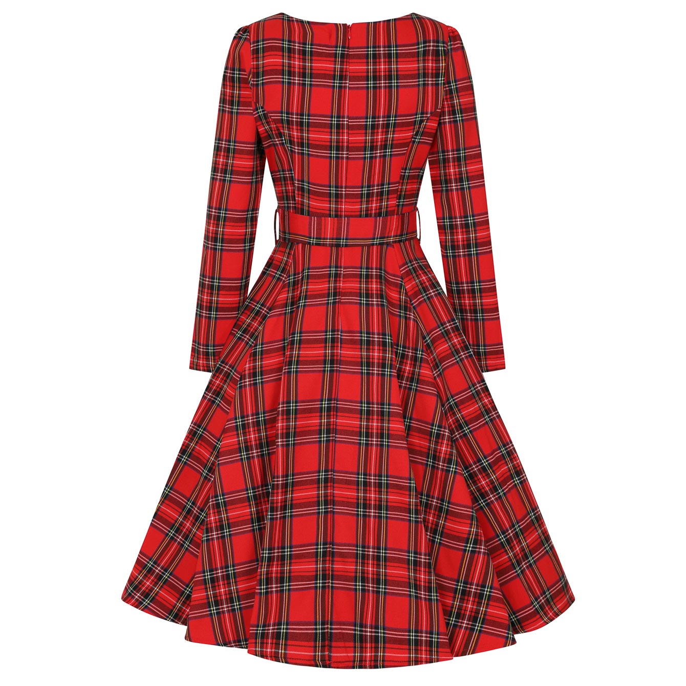 Red Tartan Long Sleeve Boat Neck 50s Swing Rockabilly Dress - Pretty Kitty Fashion