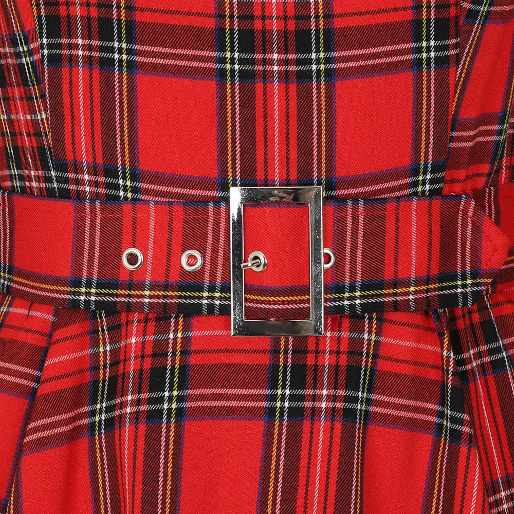 Red Tartan Long Sleeve Boat Neck 50s Swing Rockabilly Dress - Pretty Kitty Fashion