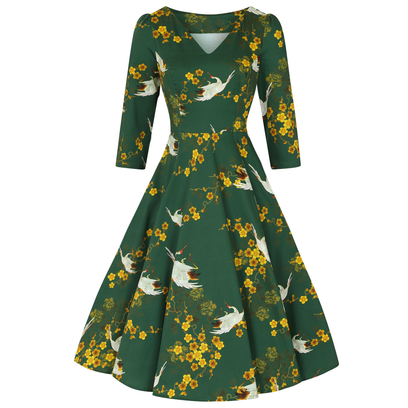 Green Blossom Bird Print Vintage 3/4 Sleeve Retro Tea Swing Dress - Pretty Kitty Fashion