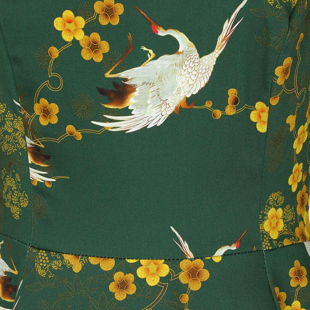 Green Blossom Bird Print Vintage 3/4 Sleeve Retro Tea Swing Dress - Pretty Kitty Fashion