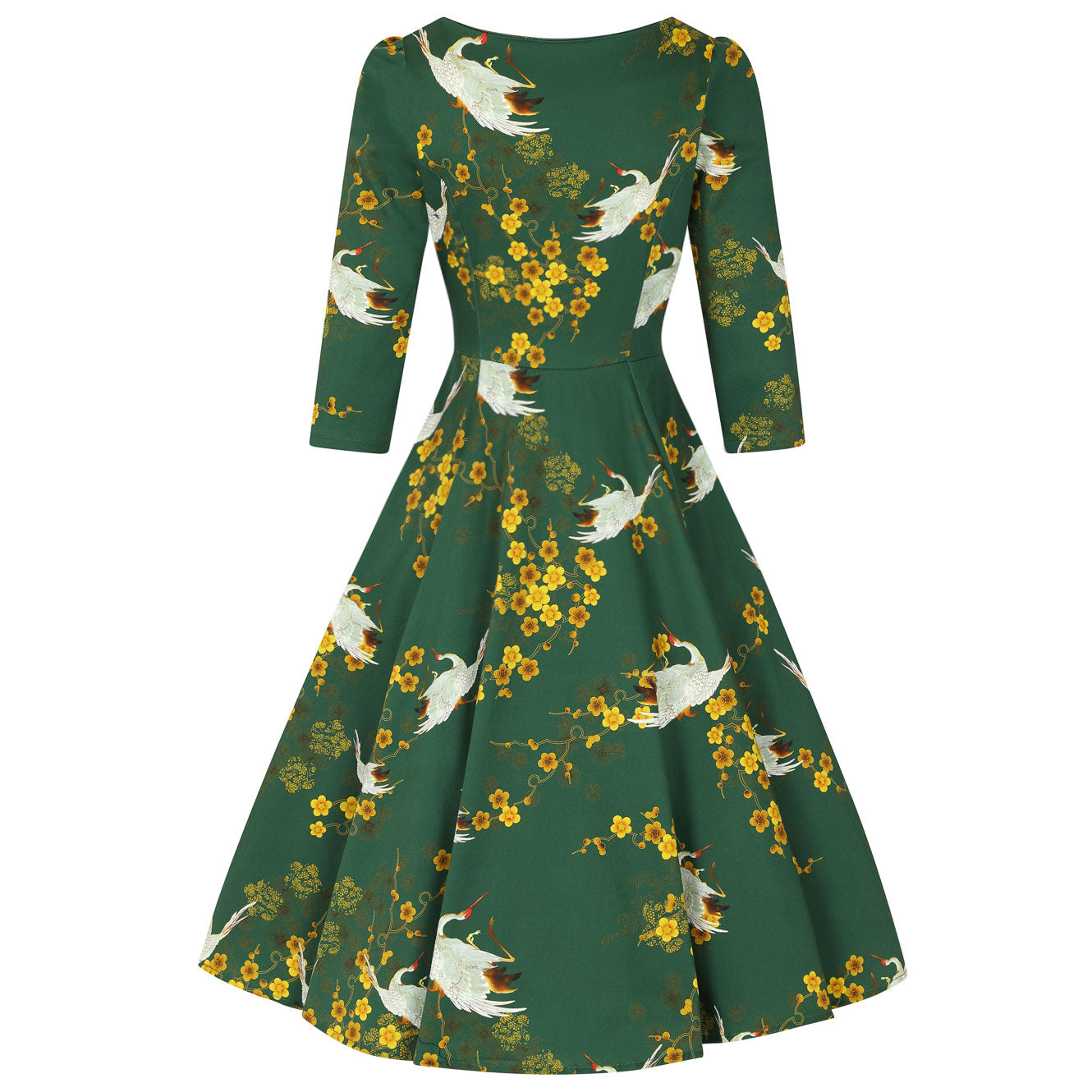 Green Blossom Bird Print Vintage 3/4 Sleeve Retro Tea Swing Dress - Pretty Kitty Fashion