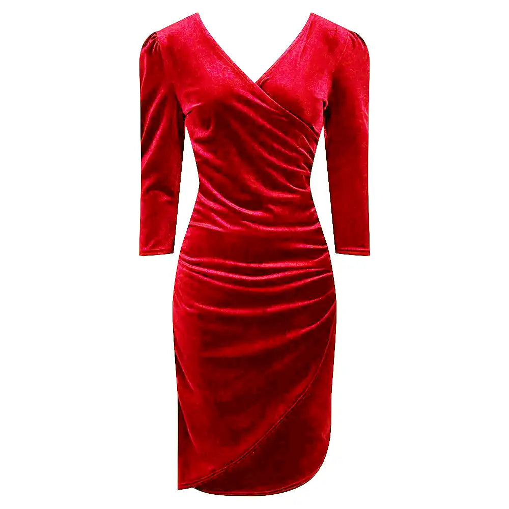 Scarlet Red Velour Velvet Wrap over 3/4 Sleeve Midi Dress