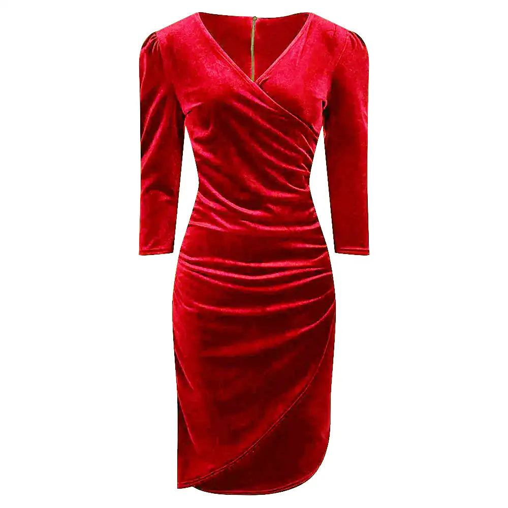 Scarlet Red Velour Velvet Wrap over 3 4 Sleeve Midi Dress Pretty