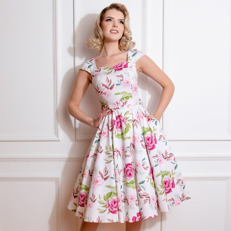 White Vibrant Floral Print V Neck Rockabilly 50s Swing Dress