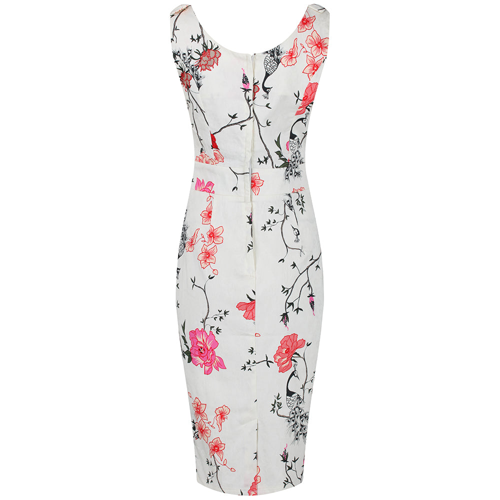 Vintage Cream Floral And Bird Print Pencil Dress - Pretty Kitty Fashion