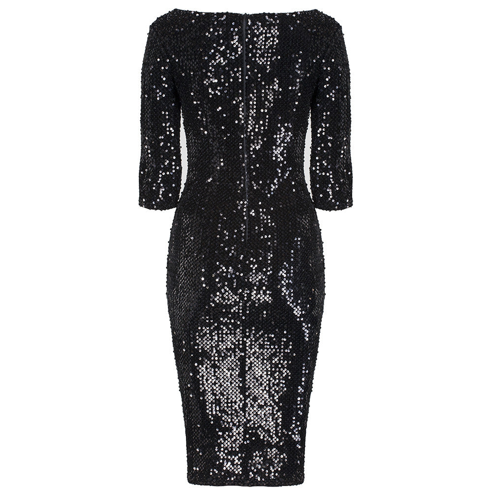 Black Velour Big Sequin Wiggle Dress - Pretty Kitty Fashion