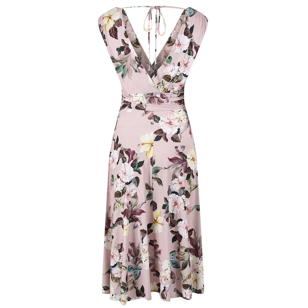 Dusky Pink Floral Crossover Top Empire Waist 50s Swing Dress - Pretty Kitty Fashion