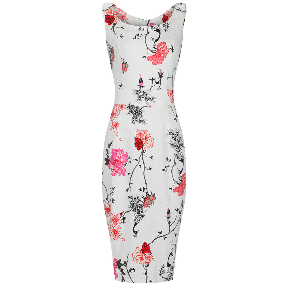 Vintage Cream Floral And Bird Print Pencil Dress - Pretty Kitty Fashion