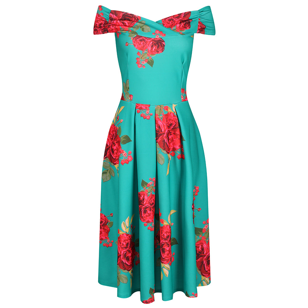 Green Red Rose Print Bardot 50s Swing Dress - Pretty Kitty Fashion