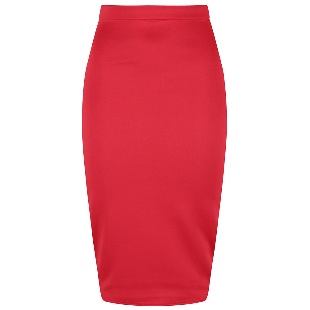 Classic Stretch Red Pencil Bodycon Midi Work Office Skirt - Pretty Kitty Fashion
